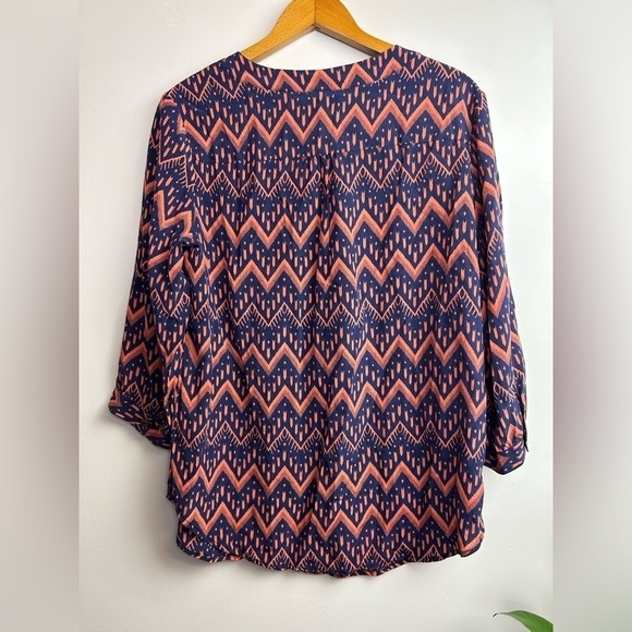 Ellie Kai 100% Silk Sz 10 Zigzag Pattern Boho Long Sleeve Top blouse Orange/Blue - Picture 2 of 9